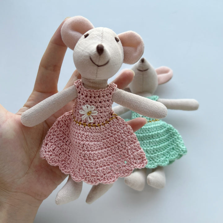 Handcrafted Linen Elephant Plush Doll with Striped Ruffle Collar and Soft Romper