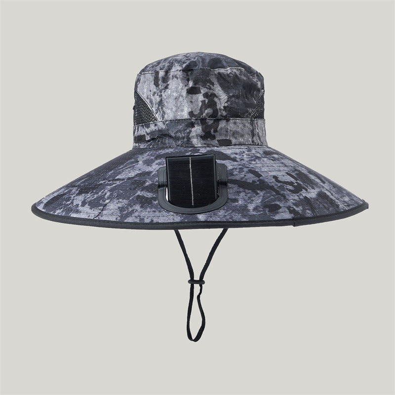 Wide-brimmed outdoor sun hat with solar-powered micro fan, breathable mesh and adjustable chin strap Stornfield