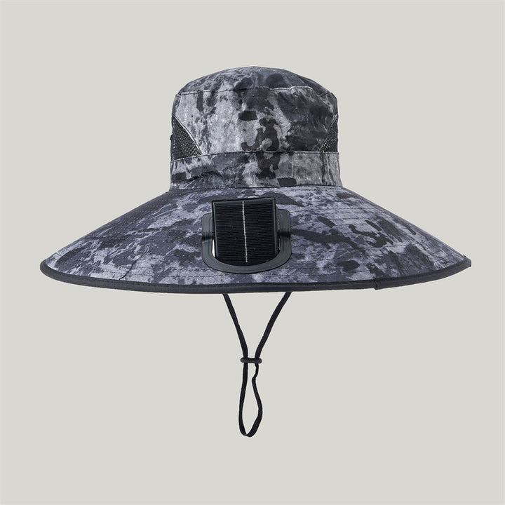 Wide-brimmed outdoor sun hat with solar-powered micro fan, breathable mesh and adjustable chin strap Stornfield