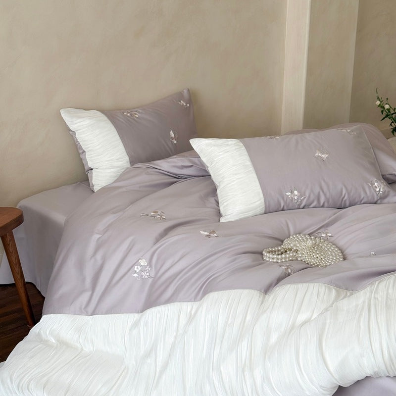Embroidered Cotton Duvet Cover Set with Pleated Ruffle Trim and Decorative Pillow Shams