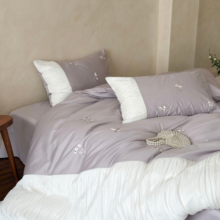 Embroidered Cotton Duvet Cover Set with Pleated Ruffle Trim and Decorative Pillow Shams