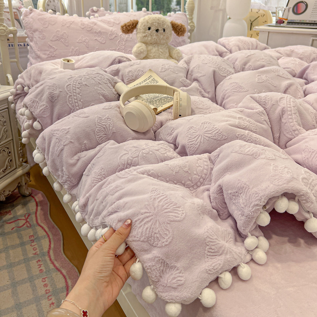 Plush Embossed Butterfly Duvet Cover Set with Pom-Pom Trim