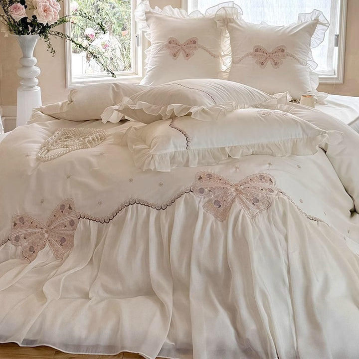 Ruffled Embroidered Bow Duvet Cover Set with Pleated Bed Skirt