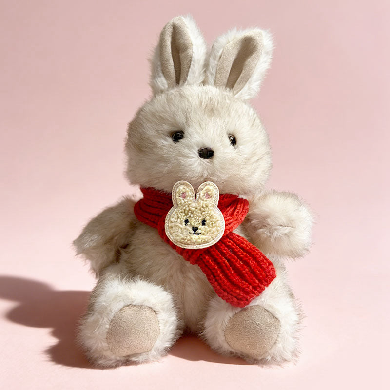 Plush Sitting Bunny Comforter Toy with Ultra-Soft Faux Fur, Embroidered Face and Knit Scarf Stornfield
