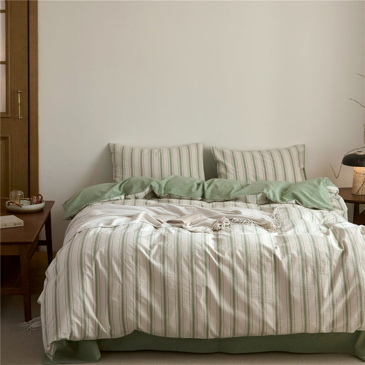 Reversible Striped Cotton-Linen Duvet Cover Set with Soft Brushed Backing