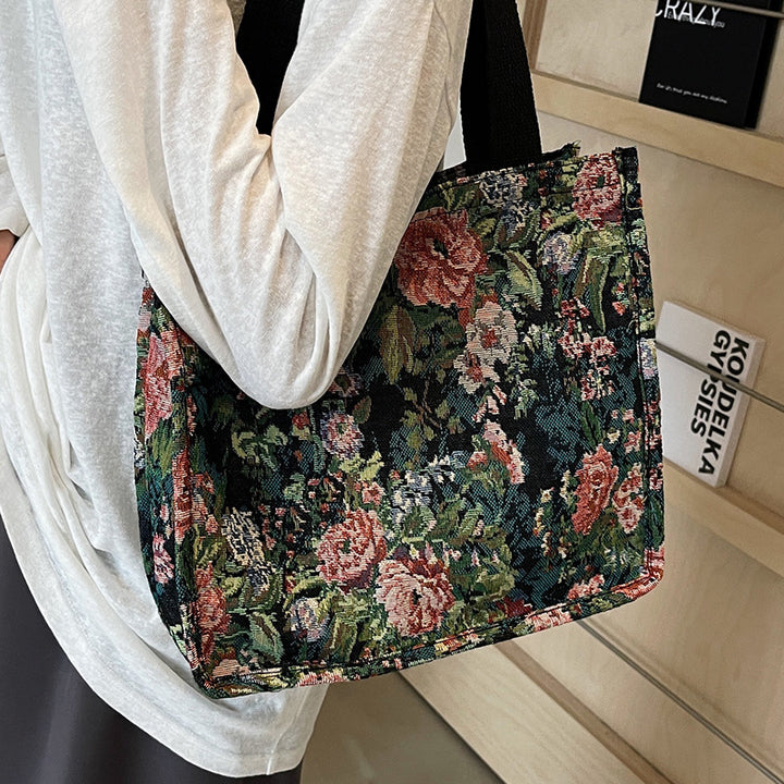 Floral Embroidered Tapestry Tote Bag