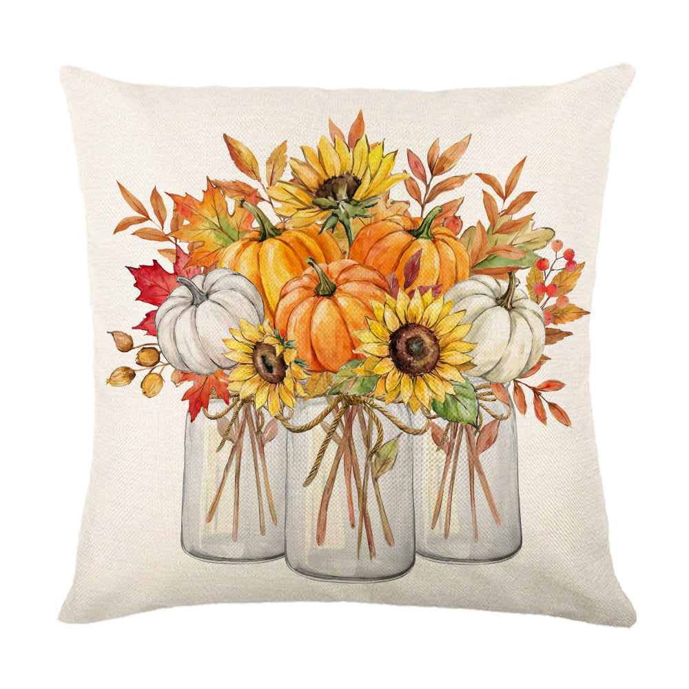 Decorative Autumn Basket Pumpkin Sunflower Square Pillow Cover with Hidden Zipper