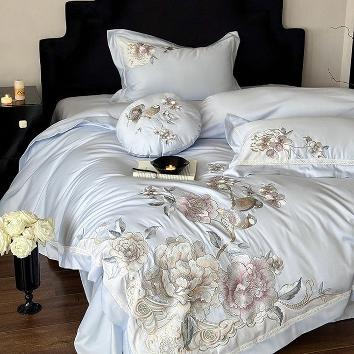 Embroidered Floral & Songbird Luxury Cotton Duvet Cover Set with Decorative Round Cushion