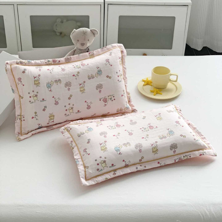 Baby Muslin Pillow Set with Bear Print & Soft Gauze Ruffled Edge