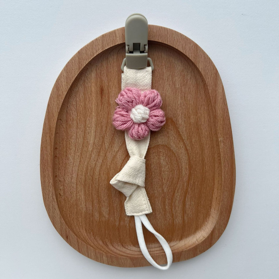 Handmade Cotton Pacifier Clip with Gingham Strap and Knitted Flower