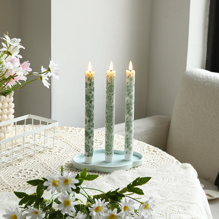Ceramic Triple Taper Candle Holder with Patterned Taper Candles