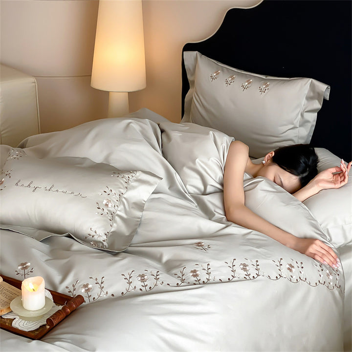 Embroidered Cotton Sateen Duvet Cover Set with Floral Border and Decorative Pillow Shams