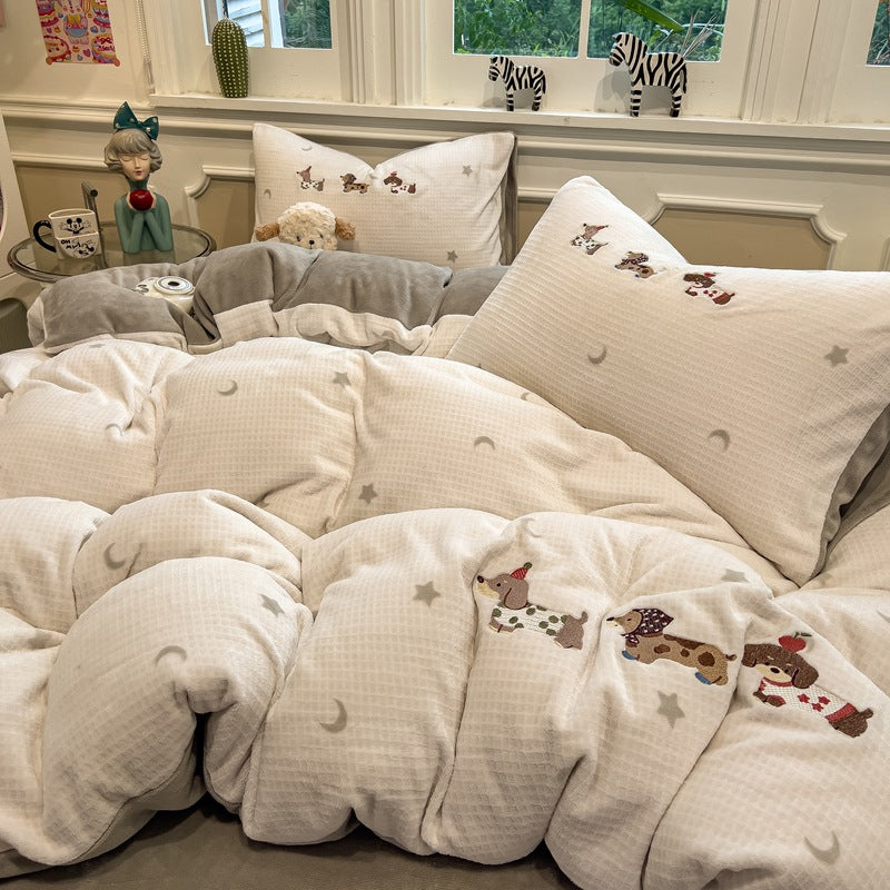 Reversible Flannel Duvet Comforter Set with Embroidered Elephant and Heart Motif