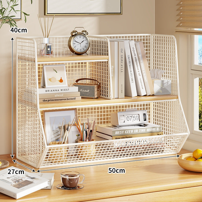 Double-Tier Mesh Metal Desktop Organizer with Wooden Shelves