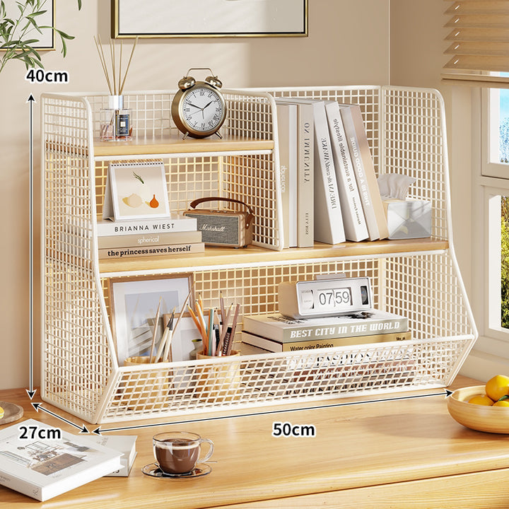 Double-Tier Mesh Metal Desktop Organizer with Wooden Shelves