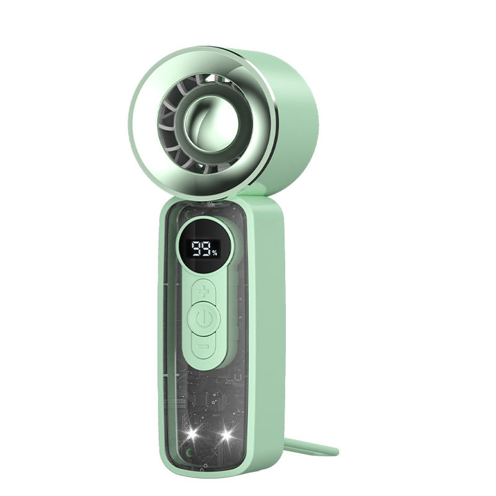 Cooling bladeless micro-turbine handheld fan with OLED battery display and fold-out stand Stornfield