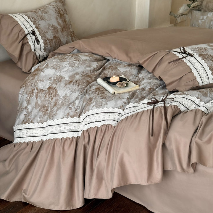 Vintage Rose Ruffled Lace-Trim Cotton Duvet Cover Set with Bedskirt & Pillow Shams
