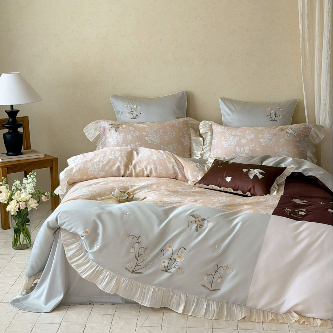 Satin-Blend Botanical Embroidered Duvet Cover Set with Ruffled Hem and Contrast Panel