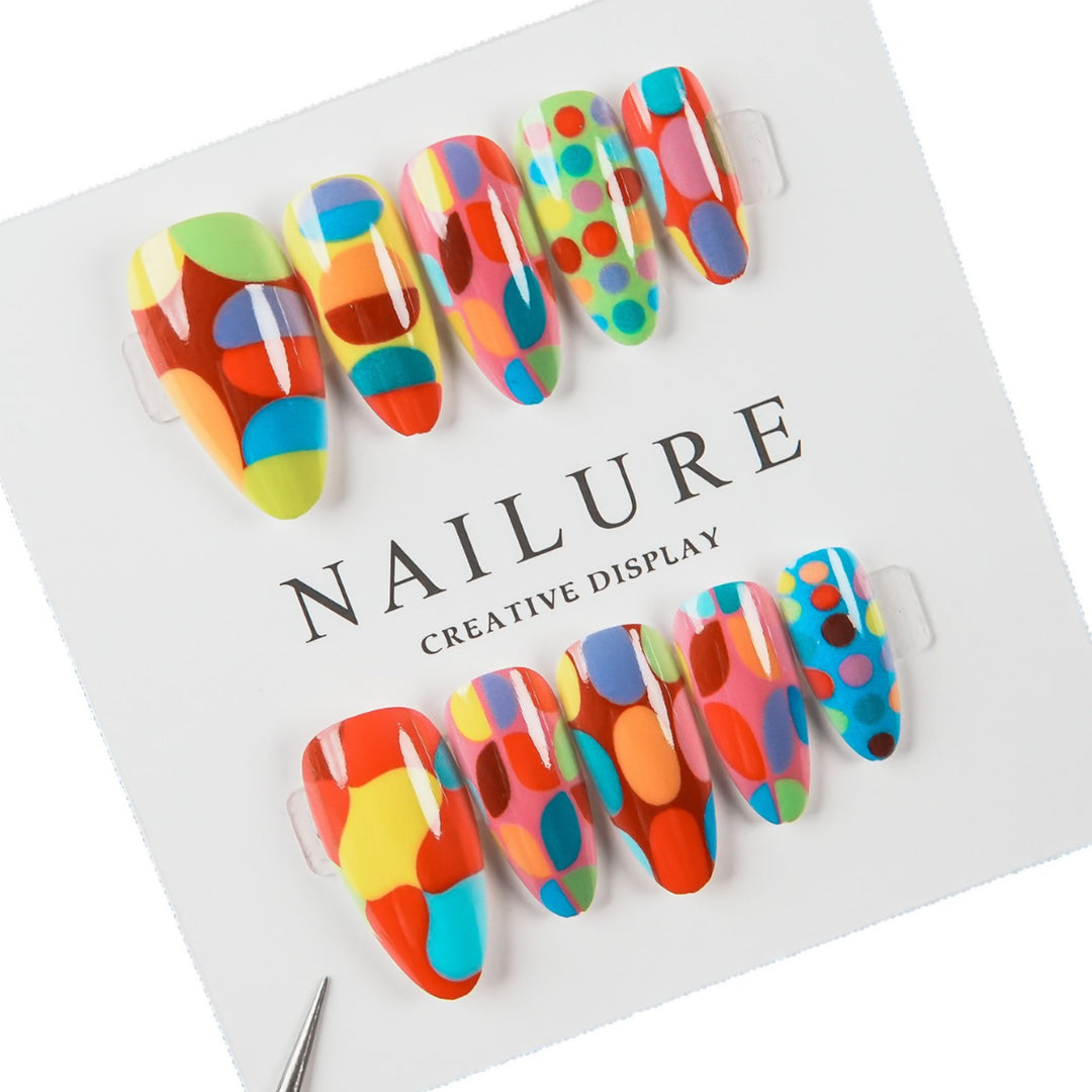 Artistic Press-On Nail Set with Colorful Geometric Patterns