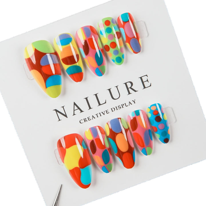 Artistic Press-On Nail Set with Colorful Geometric Patterns