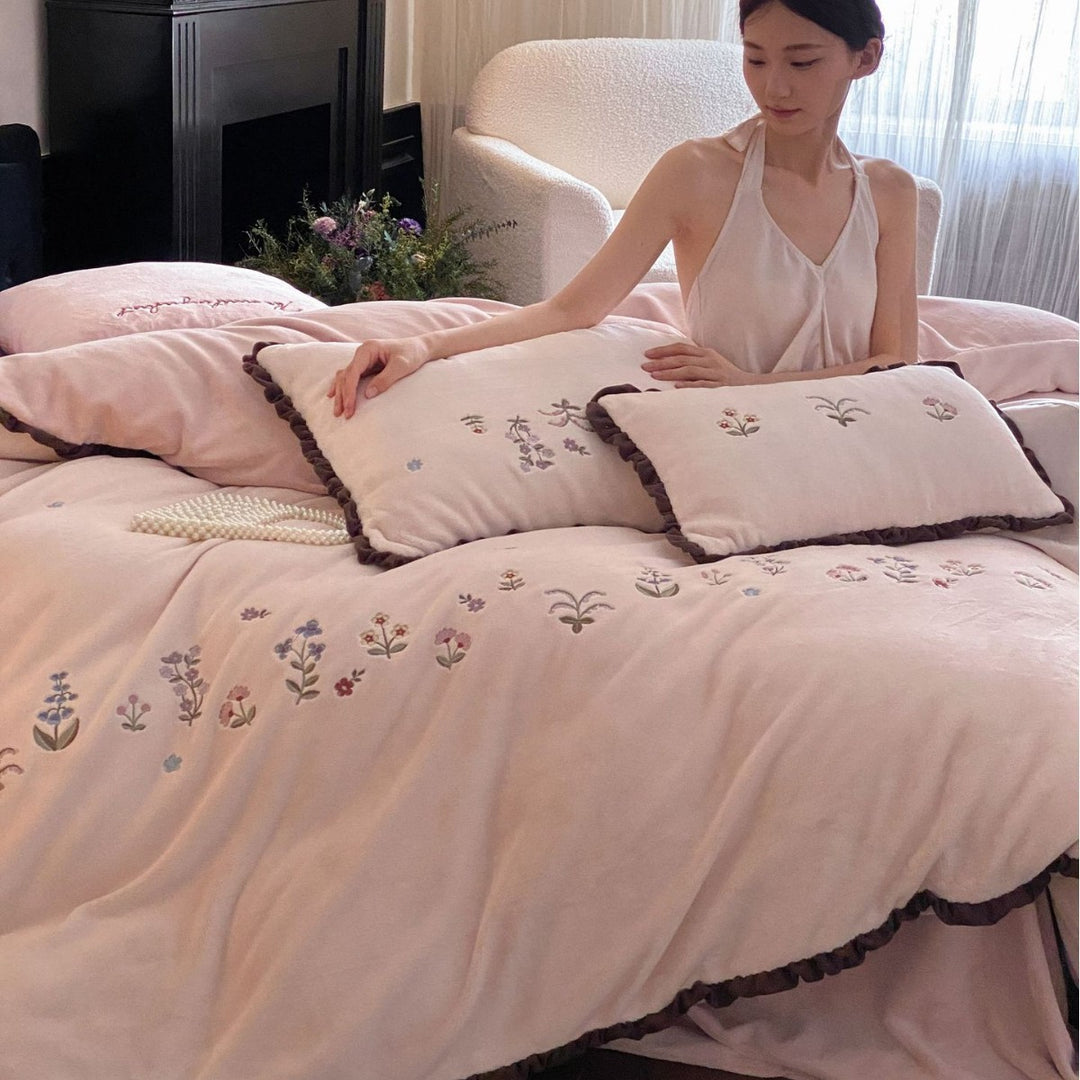 Embroidered Floral Velvet Duvet Cover Set with Ruffled Edge