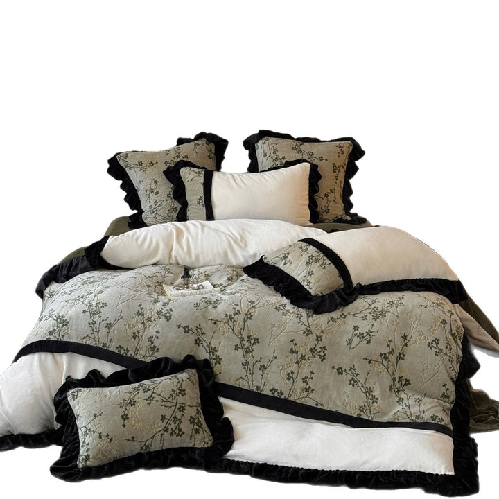 Quilted Floral Embroidered Duvet Cover Set with Velvet Ruffle Trim