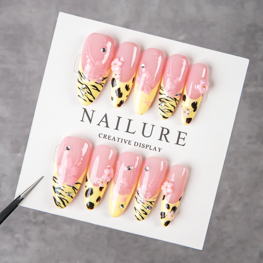 Artistic Stiletto Press-On Nail Set with Floral and Animal Print Accents