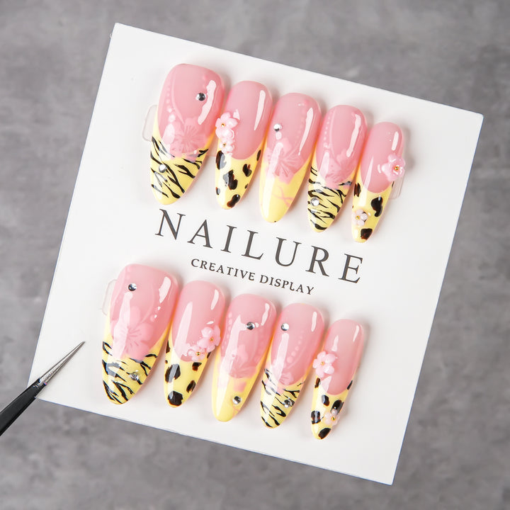 Artistic Stiletto Press-On Nail Set with Floral and Animal Print Accents