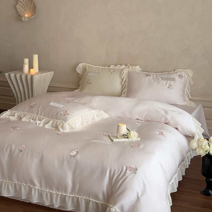Reversible Cotton-Sateen Rose Embroidered Ruffled Duvet Cover Set with Frilled Pillow Shams and Hidden Closure