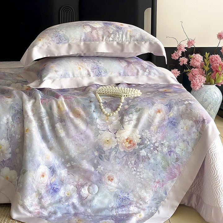 Satin bedding set with floral watercolor print and silky shiny finish