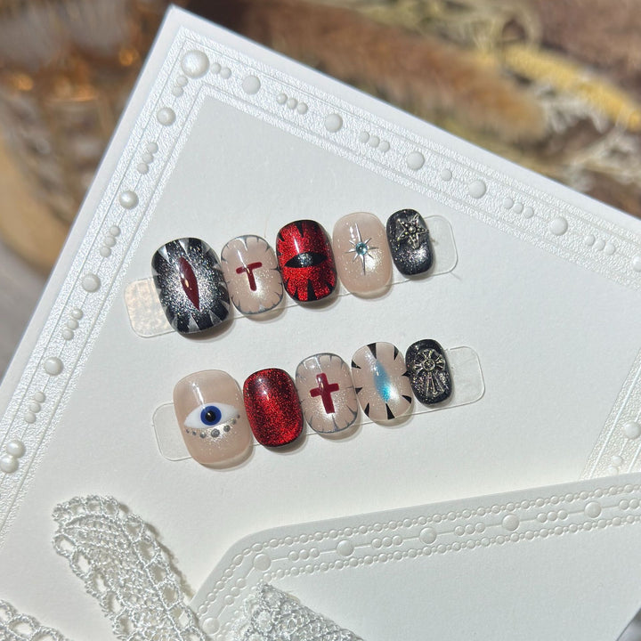 Artistic Press-On Nail Design Set with Unique Symbolic Accents Stornfield