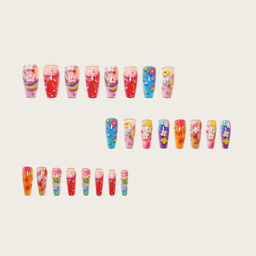 Artificial nails with colorful floral designs and 3D details Stornfield