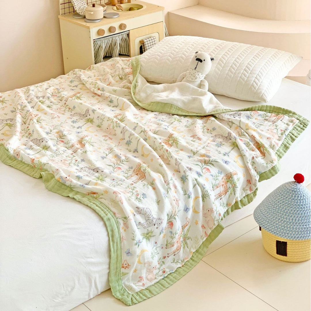 Muslin Cotton Blanket with Whimsical Animal Print and Quilted Border