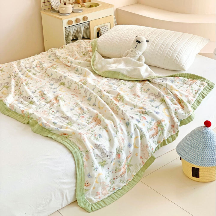 Muslin Cotton Blanket with Whimsical Animal Print and Quilted Border