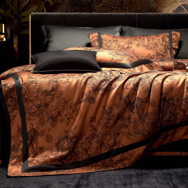 Silk-Feel Botanical Toile Satin Duvet Cover Ensemble with Matte Border and Envelope Shams