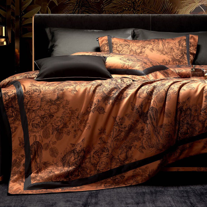 Silk-Feel Botanical Toile Satin Duvet Cover Ensemble with Matte Border and Envelope Shams