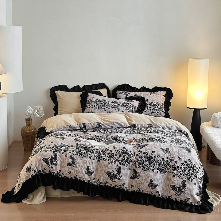 Floral Embroidered Ruffled Velvet-Trim Duvet Cover Set