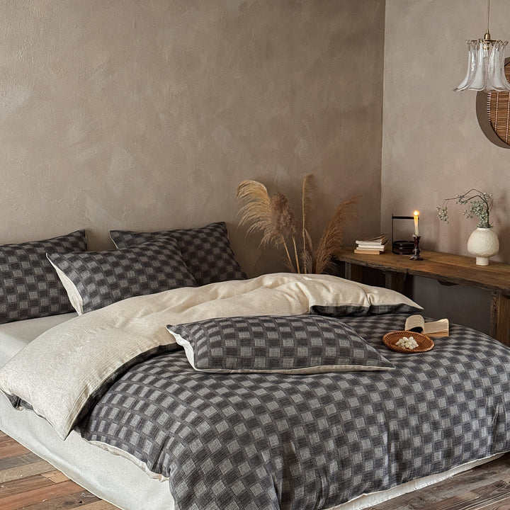 Woven Cotton-Linen Checkered Duvet Cover Set with Reversible Natural Back