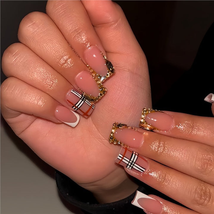 Decorative Press-On Nail Art with Gold Accents Stornfield