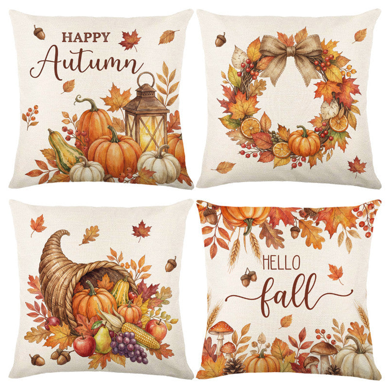 Decorative Harvest-Themed Throw Pillow Covers with Linen Texture