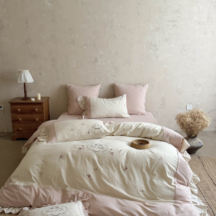 Embroidered Linen-Cotton Duvet Cover Set with Ruffled Shams & Decorative 'Good Night' Pillow