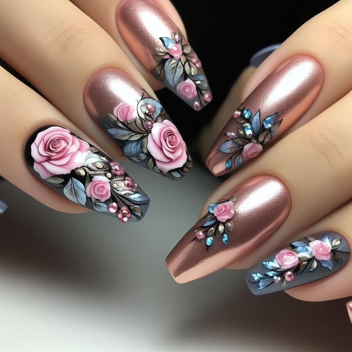 Artificial nails with floral rose pattern Stornfield