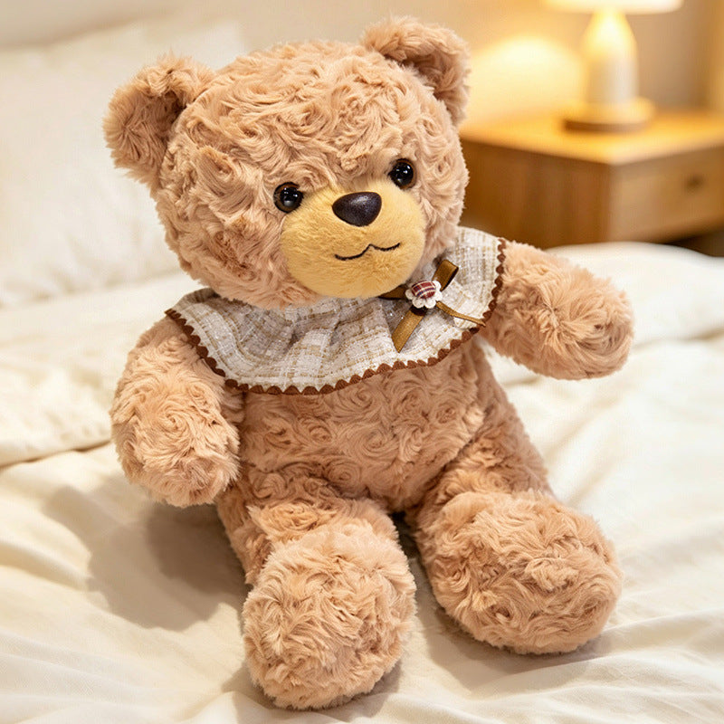 Curly-Fur Teddy Bear with Ruffled Plaid Collar and Embroidered Nose Stornfield