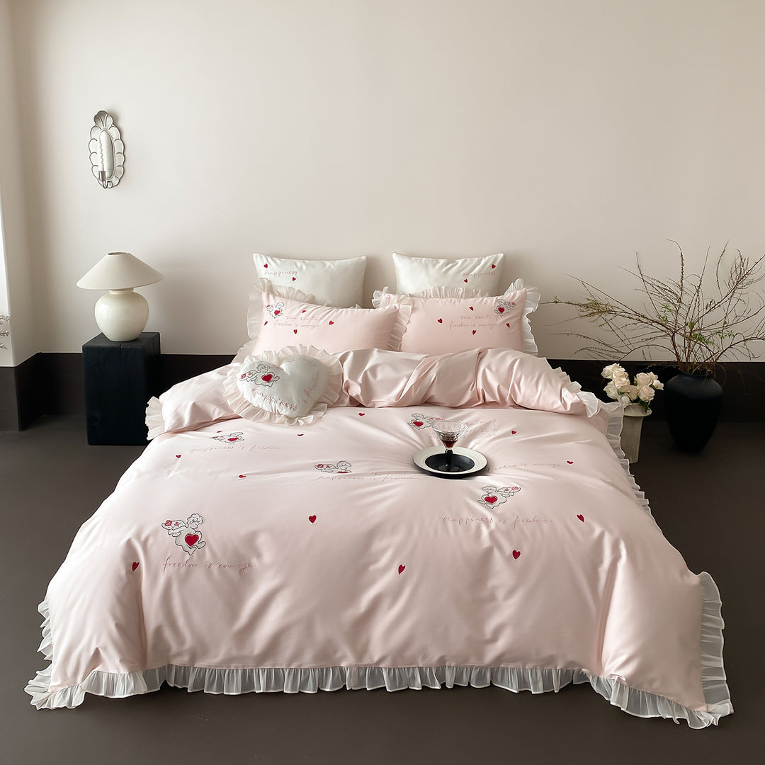 Ruffled Heart-Embroidered Cotton-Sateen Duvet Cover Set with Decorative Heart Cushion