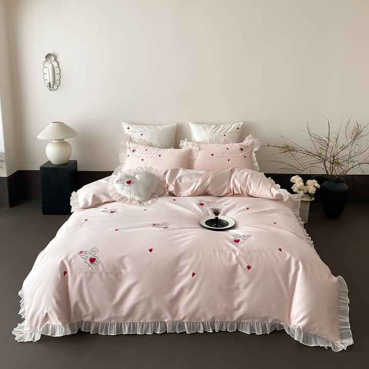 Ruffled Heart-Embroidered Cotton-Sateen Duvet Cover Set with Decorative Heart Cushion