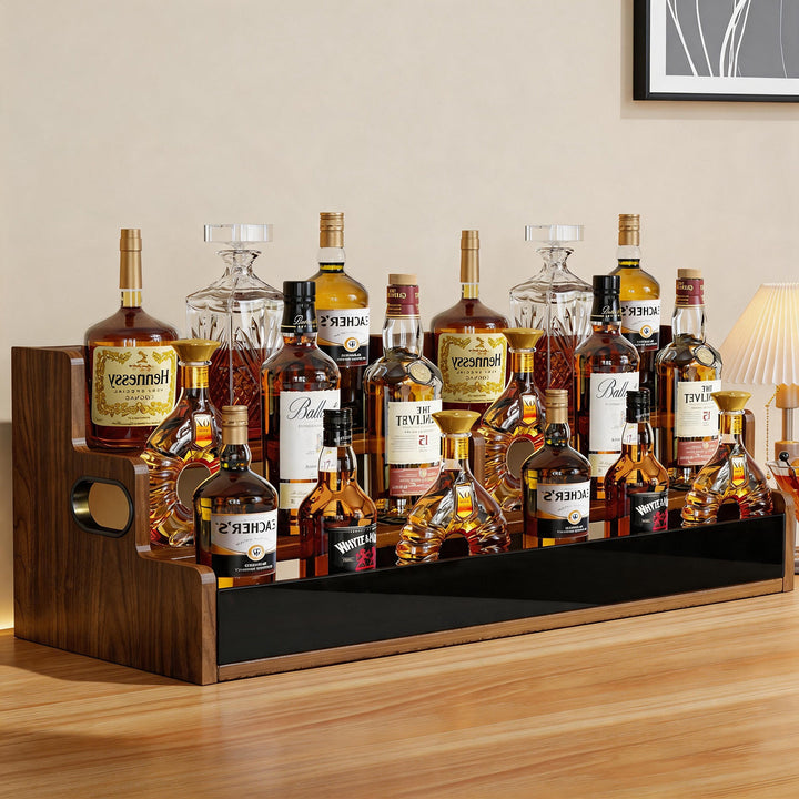 Multi-Tier Wooden Home Bar Liquor Bottle Display Organizer with Removable Front Panel and Side Handles