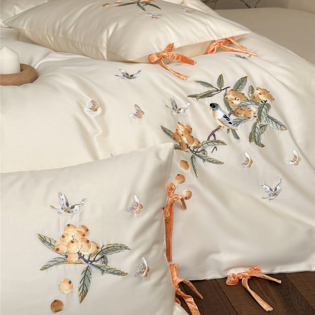 Luxury Embroidered Satin Duvet Cover Set with Botanical Bird Motif and Velvet Tie Closures