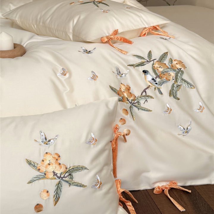 Luxury Embroidered Satin Duvet Cover Set with Botanical Bird Motif and Velvet Tie Closures