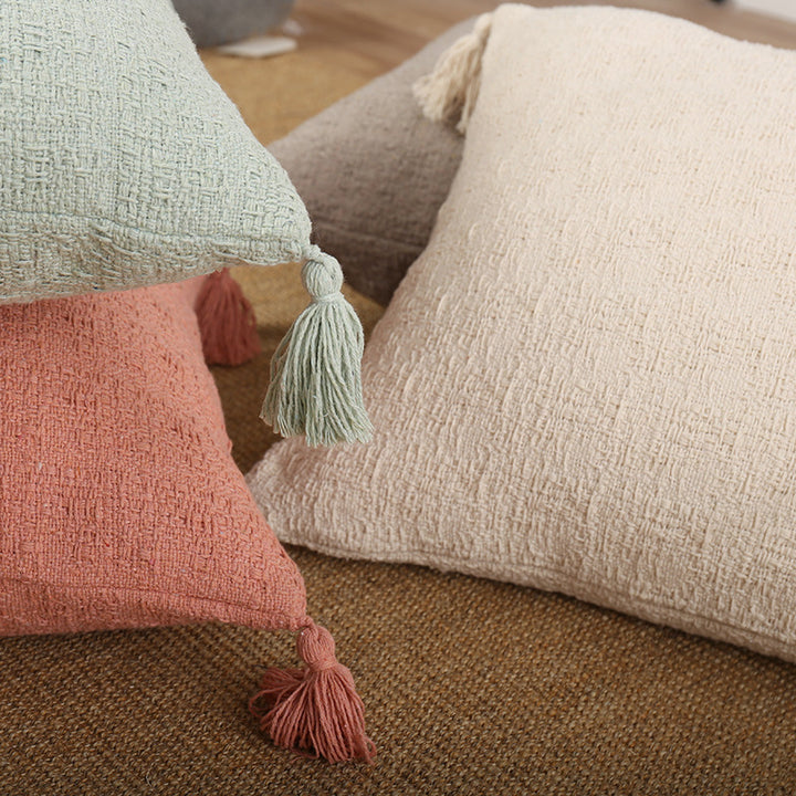 Decorative Rectangular and Square Textured Chenille Throw Pillow Set with Corner Tassels
