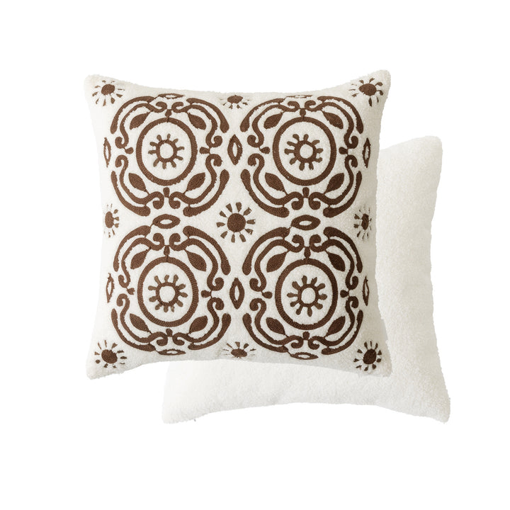 Bouclé pillow with hand-stitched ethnic design and removable cover Stornfield